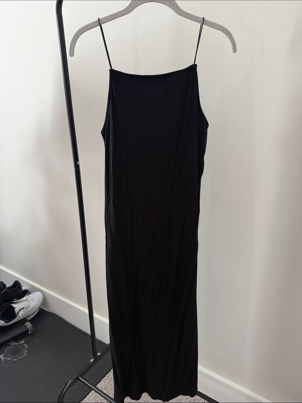 Women's Black Knit Ribbed Midi Dress with Thin Straps